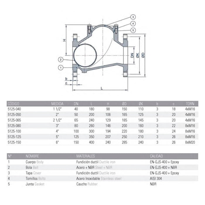 Válvula de Retención de Bola NBR DN150 PN16 con Bridas | 5125-150
