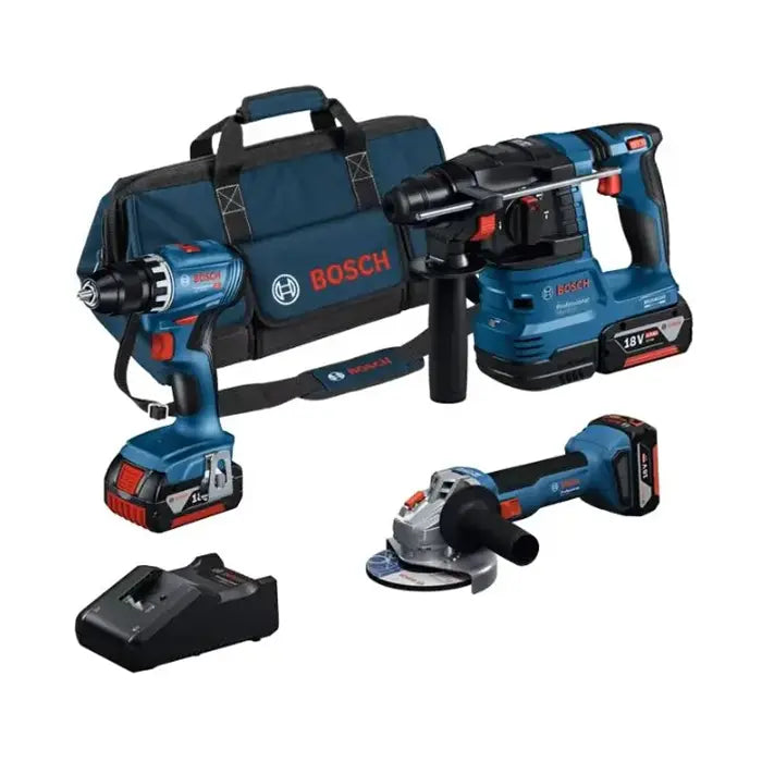Combo Bosch de Amoladora GWS 18V-8, Atornillador GSR 18V-45 y Martillo GBH 18V-22