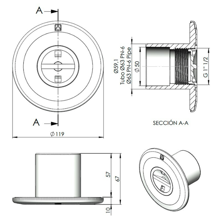 Boquilla de Aspiración AstralPool ABS Ø63/50mm | Piscinas Hormigón