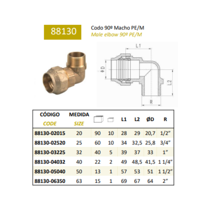 Codo 90º Macho Latón Compresión para Tubo PE | MT 88130