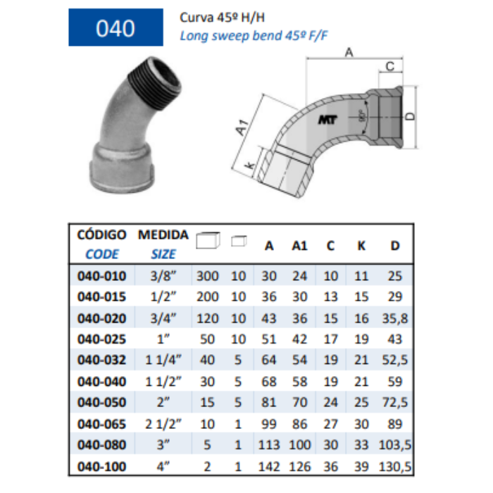 Curva 45º Galvanizada Macho-Hembra | Hierro Maleable | PN25