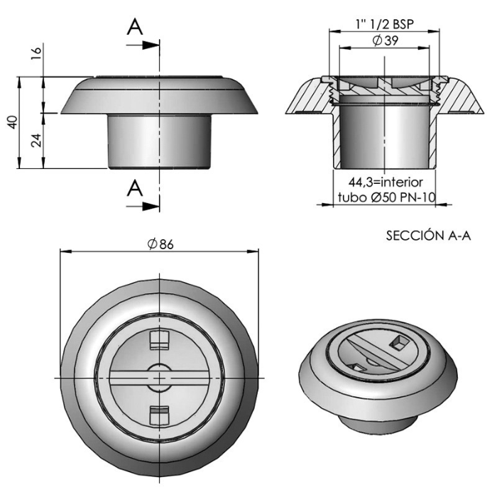 Boquilla de Aspiración AstralPool Ø50 PN10 | Encolar | Piscinas Hormigón