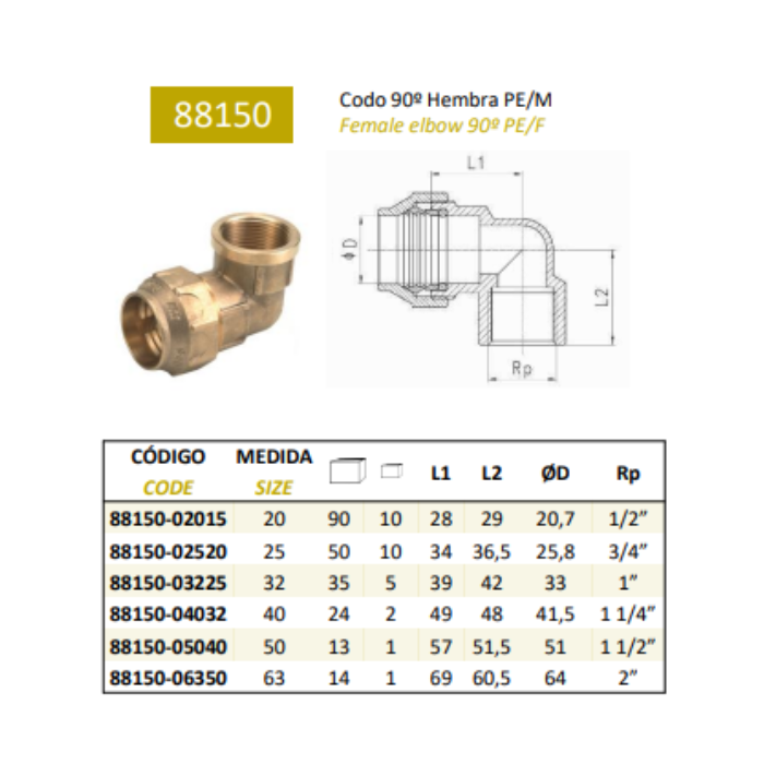Codo 90º Hembra Latón Compresión para Tubo PE | MT 88150