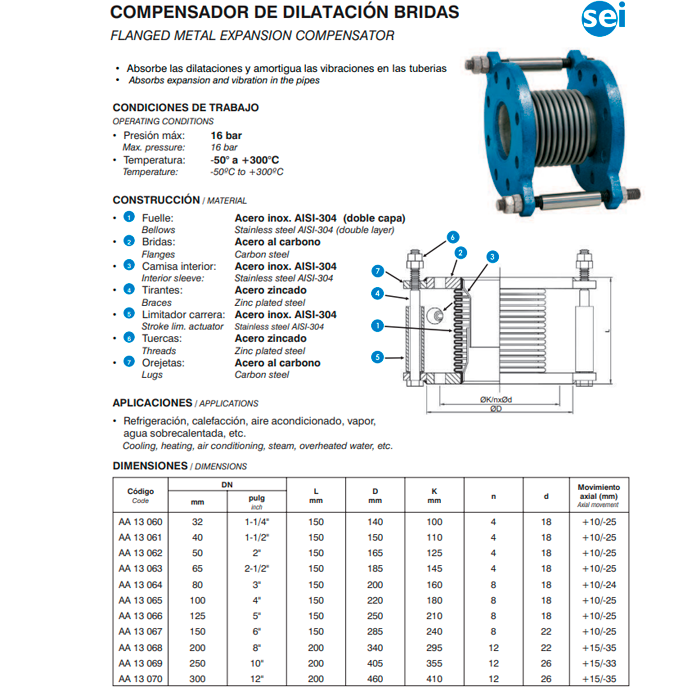 Compensador de dilatación inoxidable SEI con bridas DN250 (10”)