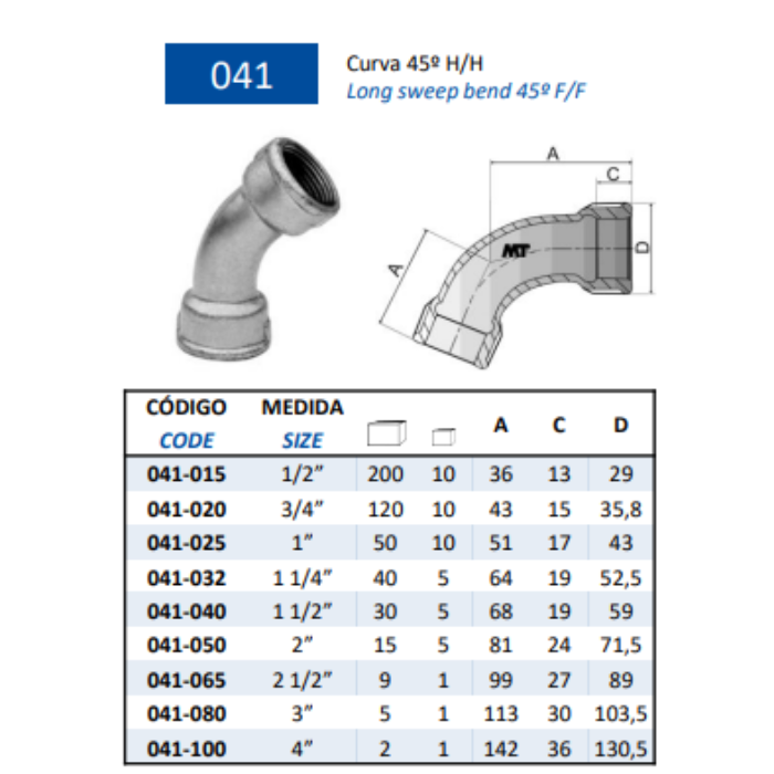 Curva 45º Galvanizada Hembra-Hembra | Hierro Maleable | PN25