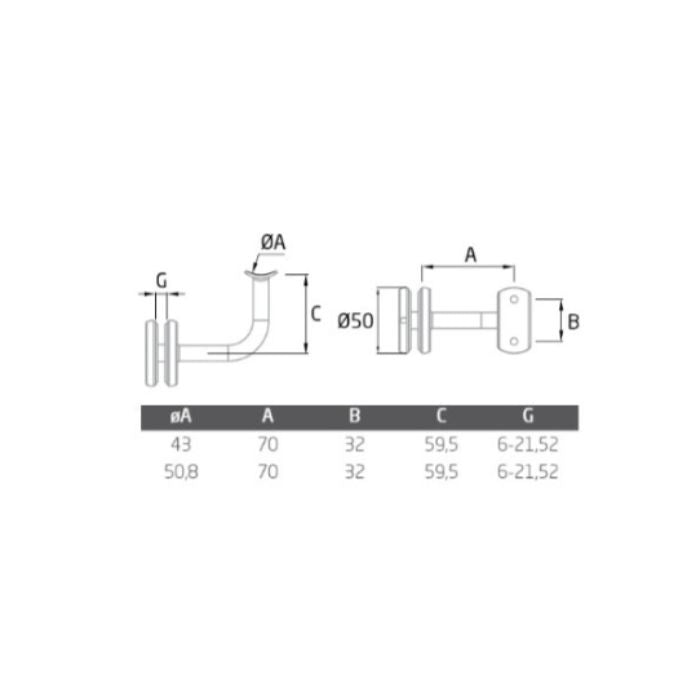Soporte Pasamanos a Vidrio AISI-316 Brillo Ø43 mm | ST-314 BA