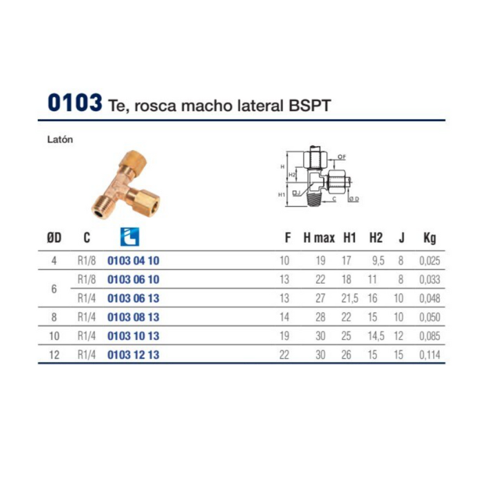 Te Rosca Macho Lateral BSPT | Latón Legris | Métrica 4-12 mm