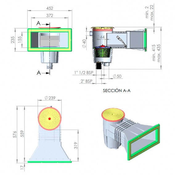 Boca ampliación tapa circular piscina hormigón skimmer AstralPool 15L
