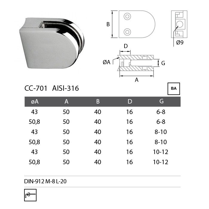 Pinza base curva CC-701 A-316 BA 38,1 (6/8)