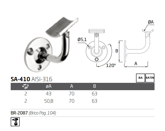 Soporte de pasamanos articulado tubo SA-410 A-316 BA D-43