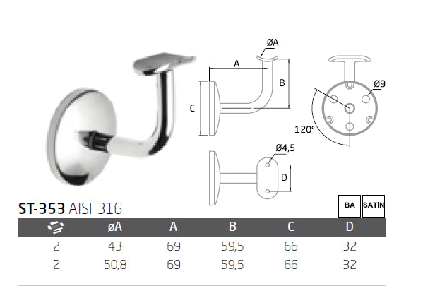 Soporte pasamanos pared-tubo ST-353 A-316 BA D-43