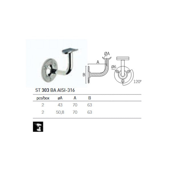 Soporte pasamanos pared-tubo con placa ST-303 A-316 BA 50,8